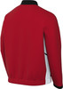 Rückansicht einer roten Jacke mit schwarzem Kragen und weißen Seitenteilen.