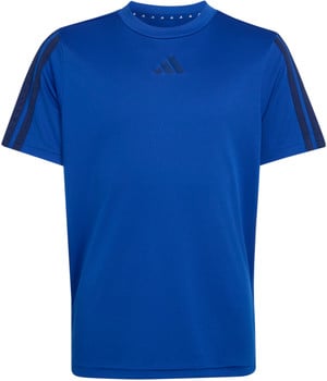 Blaues Adidas-T-Shirt mit Logo und Streifen an den Ärmeln.