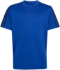 Blaues Adidas-T-Shirt mit Logo und Streifen an den Ärmeln.