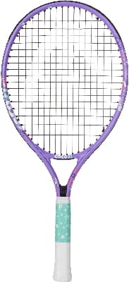 Lila Tennisschläger mit weißen und türkisfarbenen Mustern auf dem Griff. Lila Tennisschläger mit weißen und türkisfarbenen Mustern auf dem Griff.