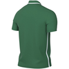 Grünes Poloshirt mit weißem Streifen an den Seiten und am Kragen.