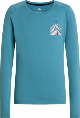 Blaues Langarmshirt mit Bergmotiv auf der Brust.