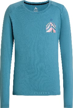 Blaues Langarmshirt mit Bergmotiv auf der Brust.