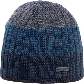 Graue und blaue Strickmütze mit Eisglut-Logo auf der Vorderseite.