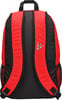 Ein roter Rucksack mit schwarzen Trägern und Netzseiten, mit reflektierendem Detail.