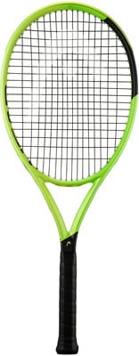 Ein grüner Tennisschläger mit schwarzem Griffband und Details. Ein grüner Tennisschläger mit schwarzem Griffband und Details.