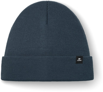 Dunkelblaue Strickmütze mit Eisbär-Logo in der Ecke.