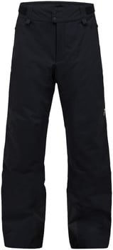 Schwarze Skihose mit Klettverschluss-Taille und Knopfverschluss.