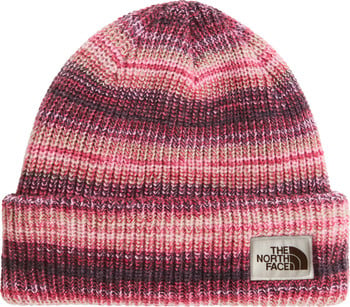 Eine gestreifte rosa Mütze mit The North Face Logo.