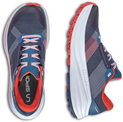 Blaue Laufschuhe mit roten und weißen Details, Draufsicht und Seitenansicht.