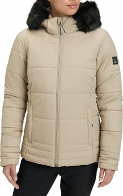 Damen-Steppjacke in Beige mit Kapuze und schwarzem Kunstpelzbesatz.