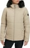 Damen-Steppjacke in Beige mit Kapuze und schwarzem Kunstpelzbesatz.