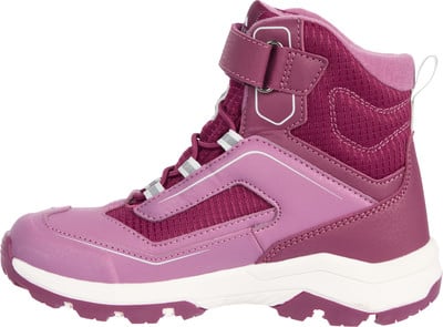 Mädchen-Winterstiefel in Rosa mit lila Details und Klettverschluss. Mädchen-Winterstiefel in Rosa mit lila Details und Klettverschluss.