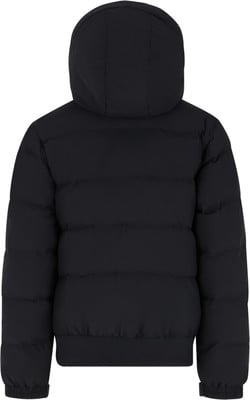 Rückansicht einer schwarzen Daunenjacke mit Kapuze und gestepptem Design.