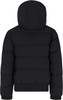 Rückansicht einer schwarzen Daunenjacke mit Kapuze und gestepptem Design.