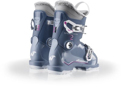 Damen-Skischuhe Nordica Speedmachine in Grau mit rosa Details.