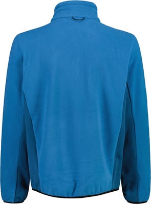 Rückansicht einer blauen Fleecejacke mit Stehkragen und dunklem Saum. Rückansicht einer blauen Fleecejacke mit Stehkragen und dunklem Saum.