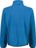 Rückansicht einer blauen Fleecejacke mit Stehkragen und dunklem Saum.