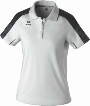 Weißes Poloshirt mit schwarzen Ärmeln und Erima-Logo, Kragen und zwei Knöpfen.