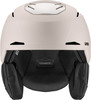 Ein weißer Skihelm mit schwarzen Ohrenschützern und Uvex-Logo auf der Rückseite.