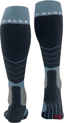Zwei dunkelblaue Kniestrümpfe mit Falke-Logo und hellblauen Details. Zwei dunkelblaue Kniestrümpfe mit Falke-Logo und hellblauen Details.