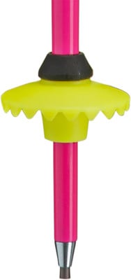 Ein pinker Stock mit gelber Scheibe und schwarzem Ring. Ein pinker Stock mit gelber Scheibe und schwarzem Ring.