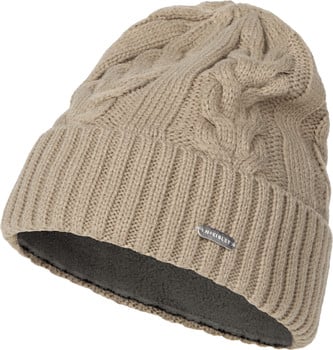 Beige Strickmütze mit Zopfmuster und dunklem Futter.