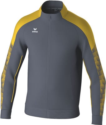 Graue Jacke mit gelben Ärmeln und Erima-Logo, durchgehendem Reißverschluss. Graue Jacke mit gelben Ärmeln und Erima-Logo, durchgehendem Reißverschluss.