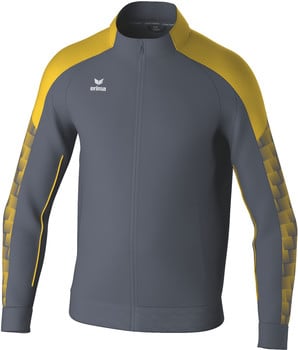 Graue Jacke mit gelben Ärmeln und Erima-Logo, durchgehendem Reißverschluss.