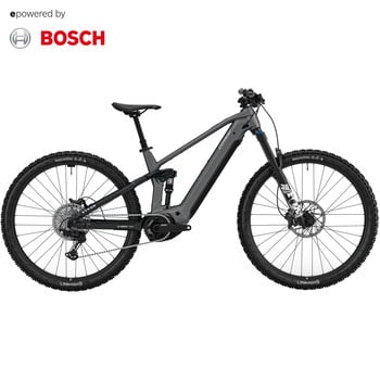 Graues E-Mountainbike mit Bosch-Logo und Conway-Schriftzug.