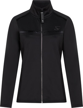 Schwarze Damenjacke mit hohem Kragen und silbernem Reißverschluss.