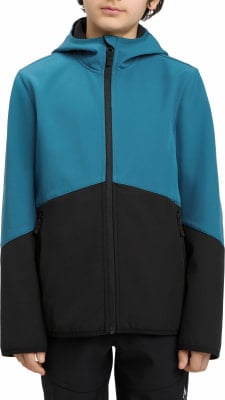 Kinderjacke mit Kapuze, blau-schwarz, mit durchgehendem Reißverschluss.