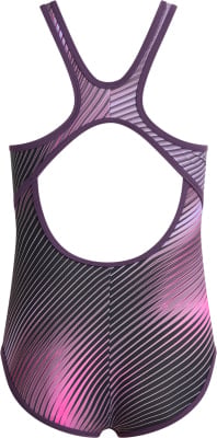 Rückansicht eines Damen-Badeanzugs mit violett-rosa Streifenmuster. Rückansicht eines Damen-Badeanzugs mit violett-rosa Streifenmuster.
