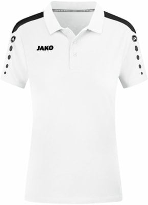 Weißes Poloshirt mit schwarzen Streifen an den Schultern und JAKO-Logo. Weißes Poloshirt mit schwarzen Streifen an den Schultern und JAKO-Logo.