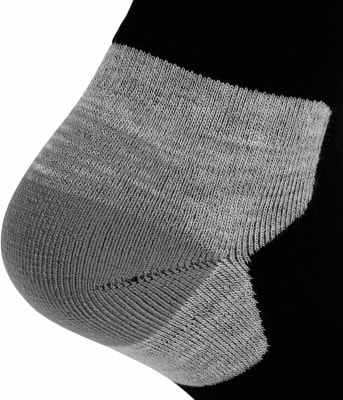 Detailaufnahme einer schwarzen Socke mit grauem Strickbereich an der Ferse. Detailaufnahme einer schwarzen Socke mit grauem Strickbereich an der Ferse.