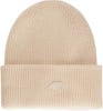 Eine beige Strickmütze mit dem 4F-Logo.