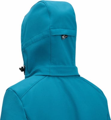 Rückansicht einer blauen Kapuzenjacke mit Kordelzügen. Rückansicht einer blauen Kapuzenjacke mit Kordelzügen.