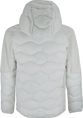 Rückansicht einer hellgrauen gesteppten Kapuzenjacke mit Fleeceärmeln. Rückansicht einer hellgrauen gesteppten Kapuzenjacke mit Fleeceärmeln.