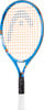 Blauer Tennisschläger mit orangenem Saitenmuster und schwarzen Griffbandmustern.