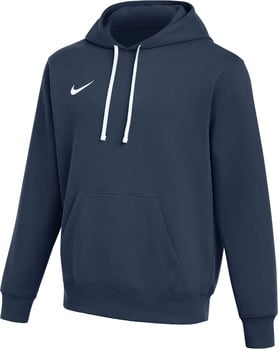 Dunkelblaue Kapuzenpullover mit weißem Kordelzug und Nike-Logo.