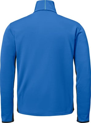 Rückansicht eines blauen Herrenpullovers mit Stehkragen und dunklen Seitenteilen. Rückansicht eines blauen Herrenpullovers mit Stehkragen und dunklen Seitenteilen.