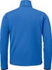 Rückansicht eines blauen Herrenpullovers mit Stehkragen und dunklen Seitenteilen.