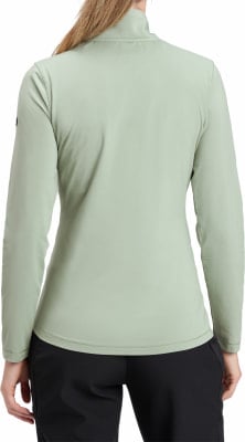 Rückansicht einer hellgrünen Damen-Langarm-Sweatshirts. Rückansicht einer hellgrünen Damen-Langarm-Sweatshirts.