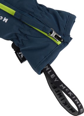 Dunkelblaue Handschuhe mit auffälligem Reißverschluss und Logo-Schlaufe. Dunkelblaue Handschuhe mit auffälligem Reißverschluss und Logo-Schlaufe.