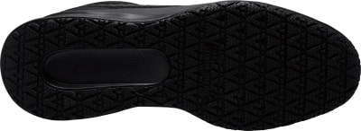 Schwarze Schuhsohle mit geometrischem Muster und Nike-Logo.