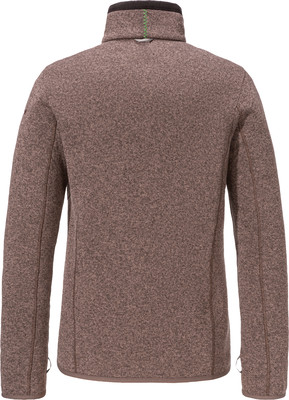 Rückansicht einer braunen Fleecejacke mit Stehkragen und grünen Details. Rückansicht einer braunen Fleecejacke mit Stehkragen und grünen Details.