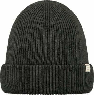 Schwarze Strickmütze mit Umschlag und kleinem Etikett.