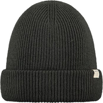 Schwarze Strickmütze mit Umschlag und kleinem Etikett.
