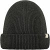Schwarze Strickmütze mit Umschlag und kleinem Etikett.