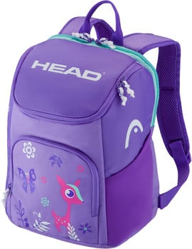 Lila Rucksack mit Kopf- und Tier-Motiv für Kinder.